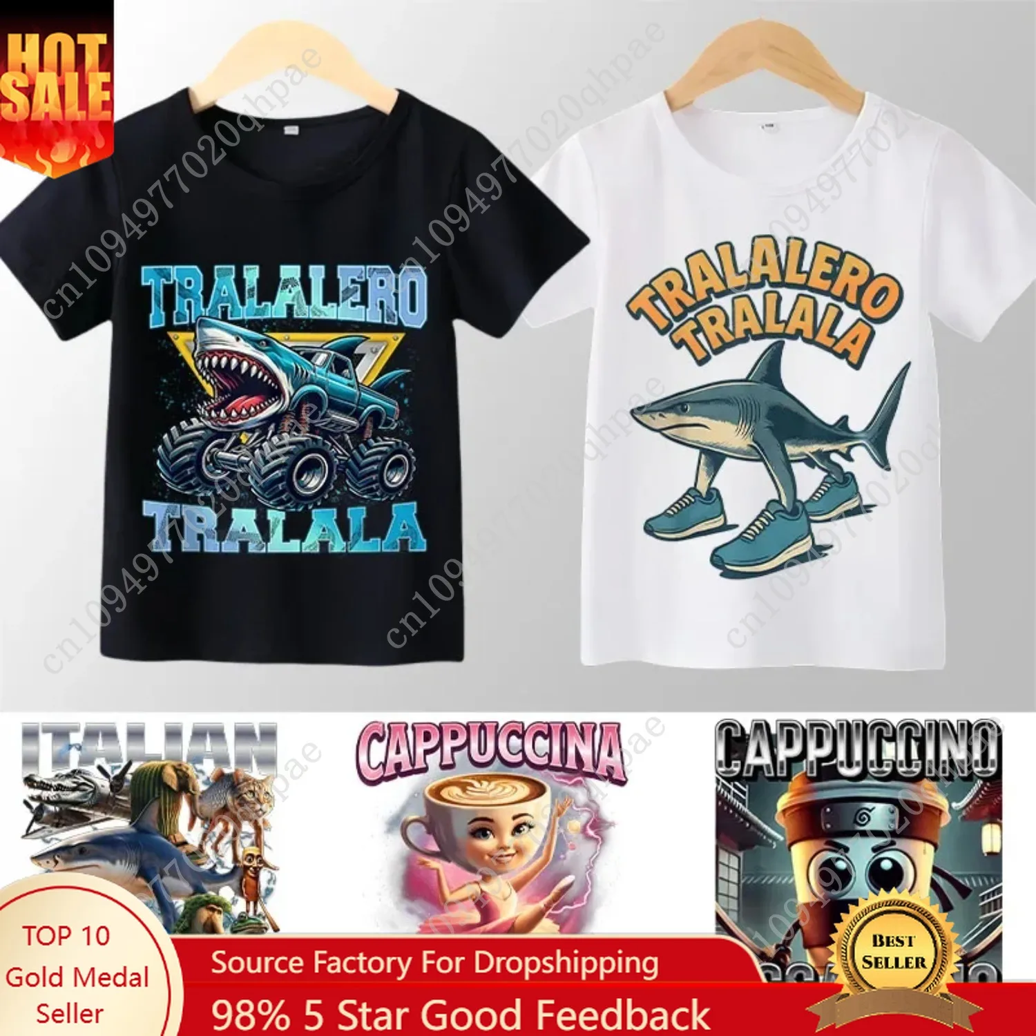 Camiseta infantil de algodão com animais cerebrais italianos, cappuccino assassino, manga curta, tops para crianças, meme engraçado, camiseta fofa, roupas de verão