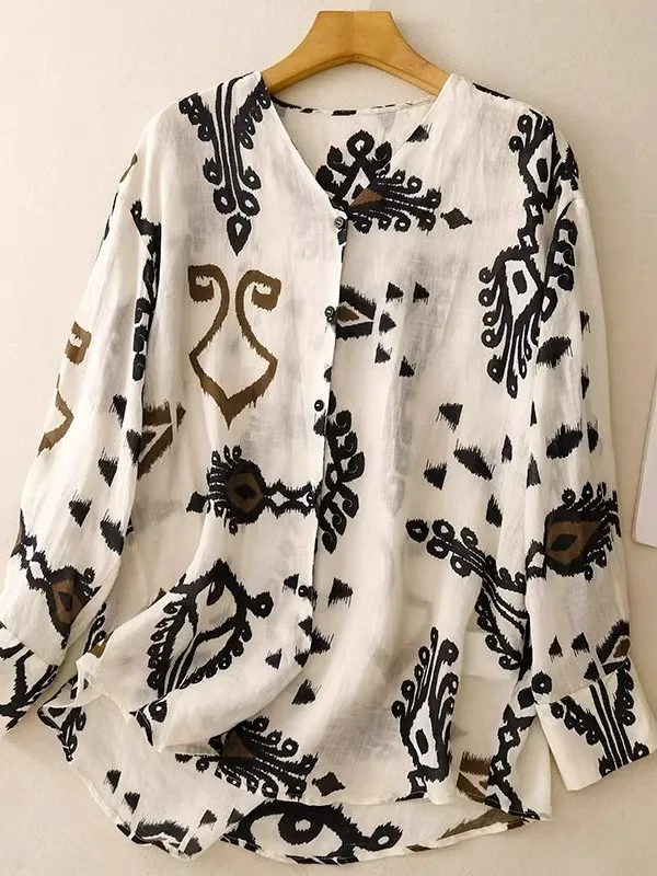 

Spring Autumn Cotton Linen Long Sve irt Women Loose Casual V Ne Print Linen irt Girls Summer Faion Sun Protection