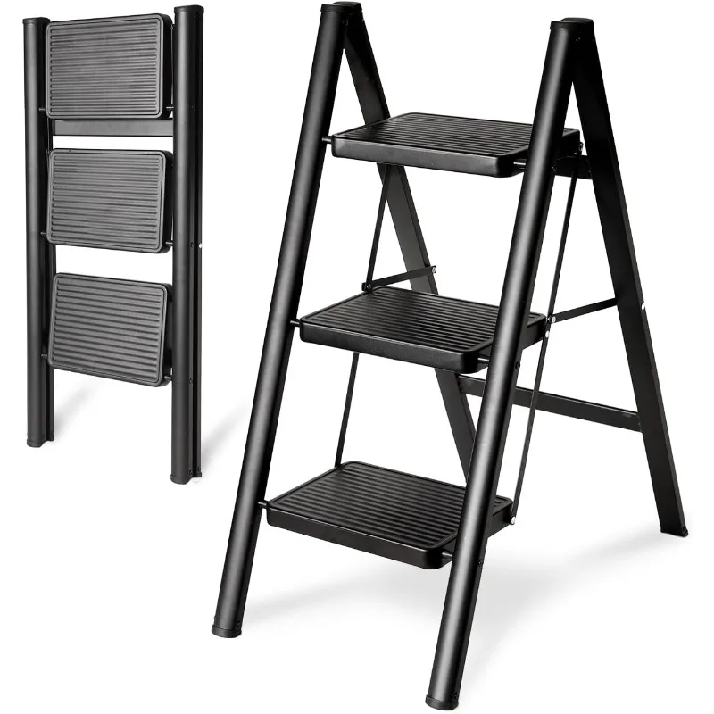 Step Ladder 3 Step Folding, Sturdy 330 Lbs Small Step Stool for Adults, Safer Full Steel Multi-use Kitchen Ladder for Home