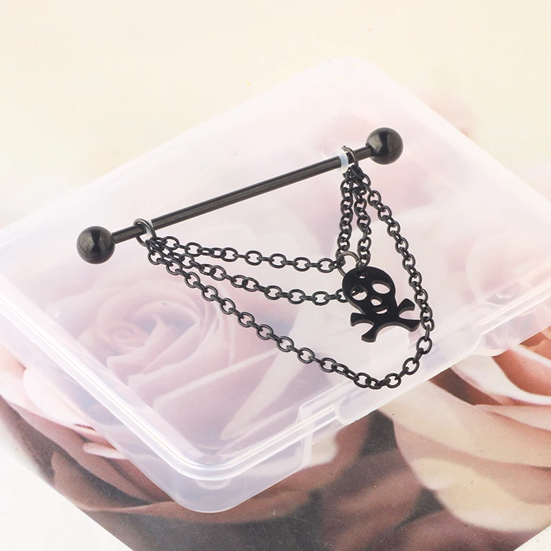 Skull Wholesales Stainless Steel Industrial Earrings With Chain Dangle Industrial Piercing Bar Cartilage Helix Piercing Tragus S