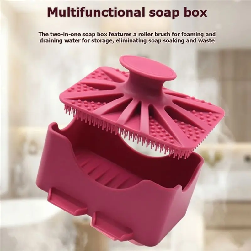ABYN-Multifunctional 4-In-1 Silicone Shower Brush Bath Scrub Brush With Soap Lathering Roller And Drain Storage Box Rose-Pink