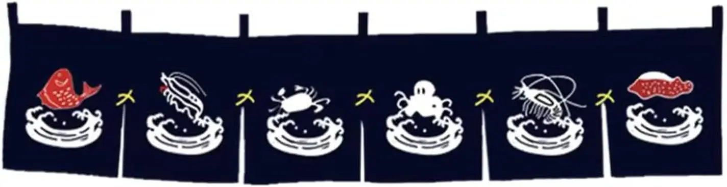 Japanese Noren Door Curtain (Seafood Cuisine Theme) - Hanging Short Curtain for Sushi Restaurant/Izakaya Facade Decoration