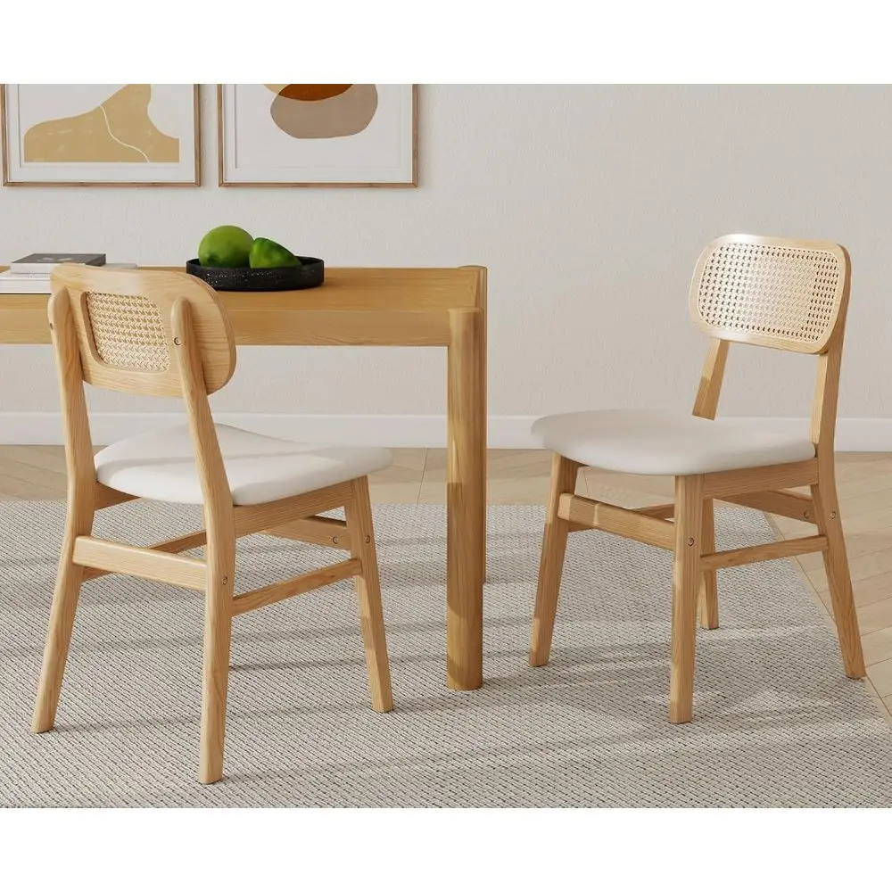 

Rattan Dining Chairs Set of 2 with Cane Back, Beige Wooden Chairs, Century Modern Linen Upholstery, Boho Style Side Chairs for K