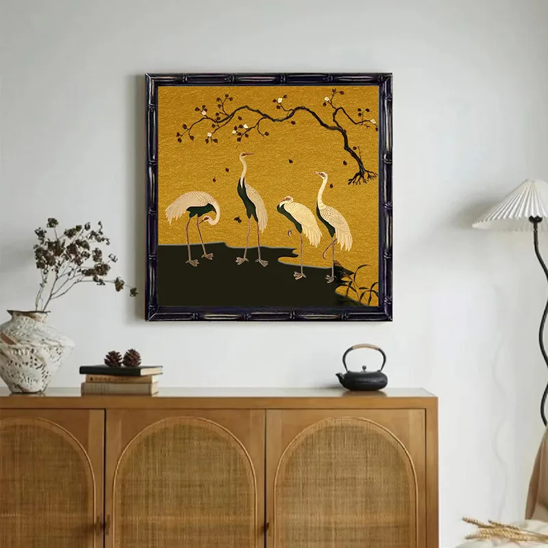 New Chinese style black solid wood bamboo frame, ancient crane, retro niche living room background art, Chinese style painting