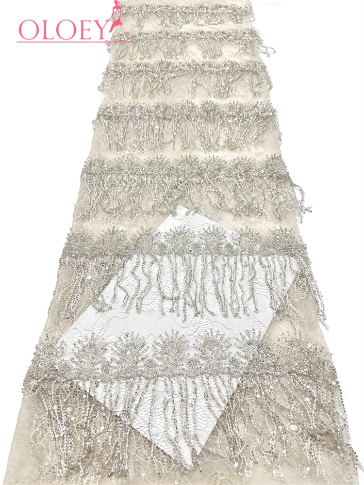 

OLOEY Luxury African Tulle Laces Latest Beads Lace Fabric High Quality Nigerian tassel Lace Embroidery Bride Laces For Dres