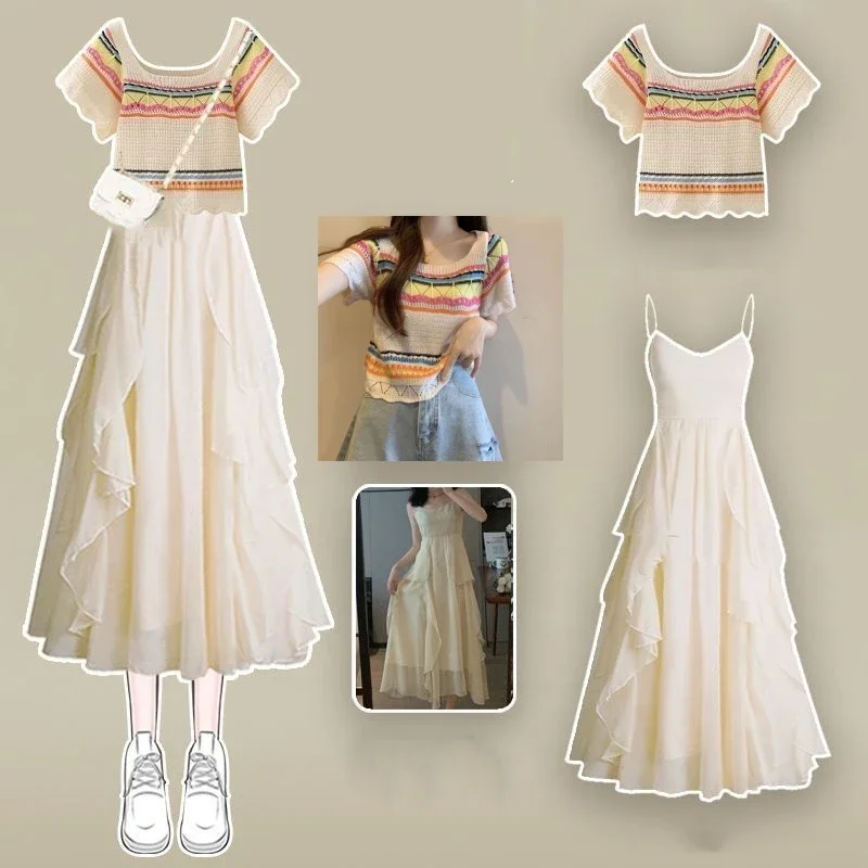 

2025 Summer Women Sweet Multi Stripe Short T Shirts Ruffle Chiffon Sling Dress 1 or Two Piece Set Lady Chic Tops Dresses Suits