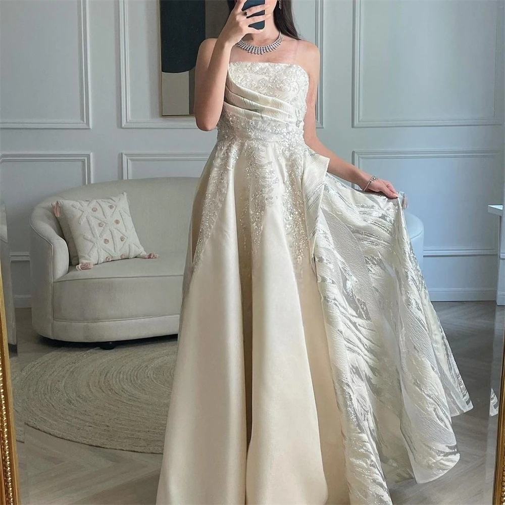 Customized Satin Sequined Beading Applique Ruched Clubbing A-line Strapless Bespoke Occasion Gown Long Dresses