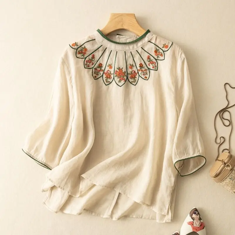 

Pregnant Women's Ethnic Style Cotton Linen Top Women's Retro Embroidery Loose 3/4 Sleeve Shirt Summer New Maternity Top LF073