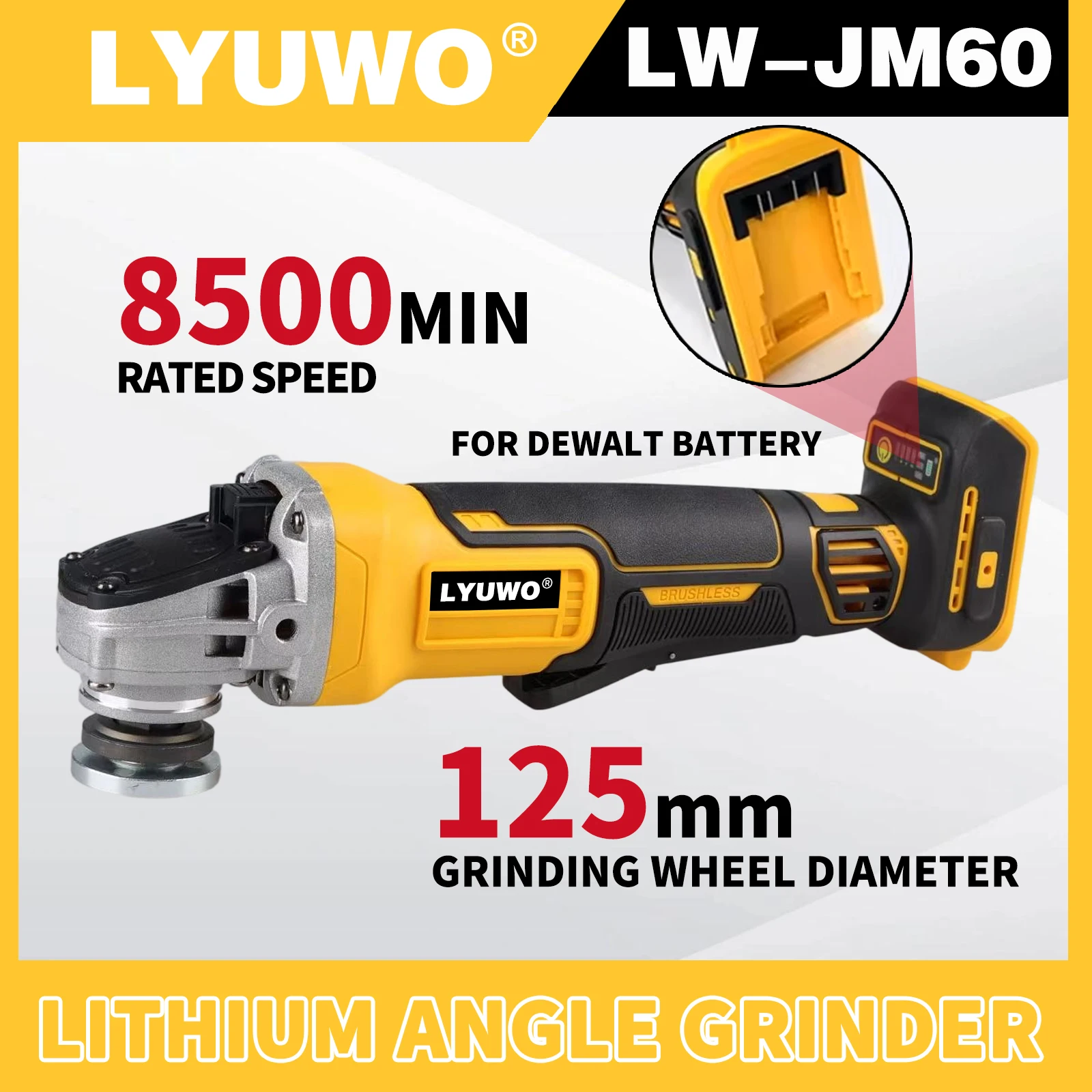 LYUWO 950W Brushless Cordless Angle Grinder 8500RPM, M14 Thread, Quick-Release Chuck, Safety Lock, Anti-Slip Handle for home DIY