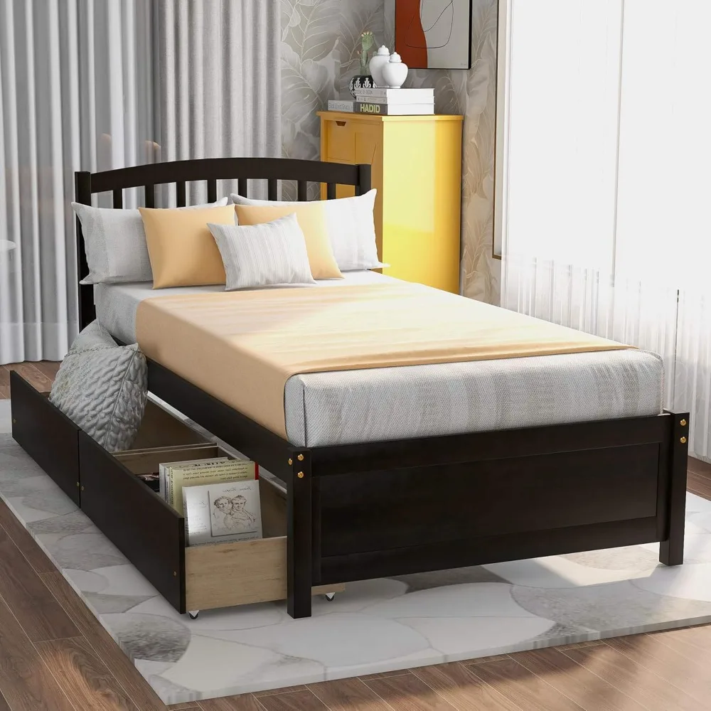 SOFTSEA Twin Platform Bed Frame with Two Drawers, Wood Bed with Headboard/Wood Slat Support/No Box Spring Needed (Espresso)