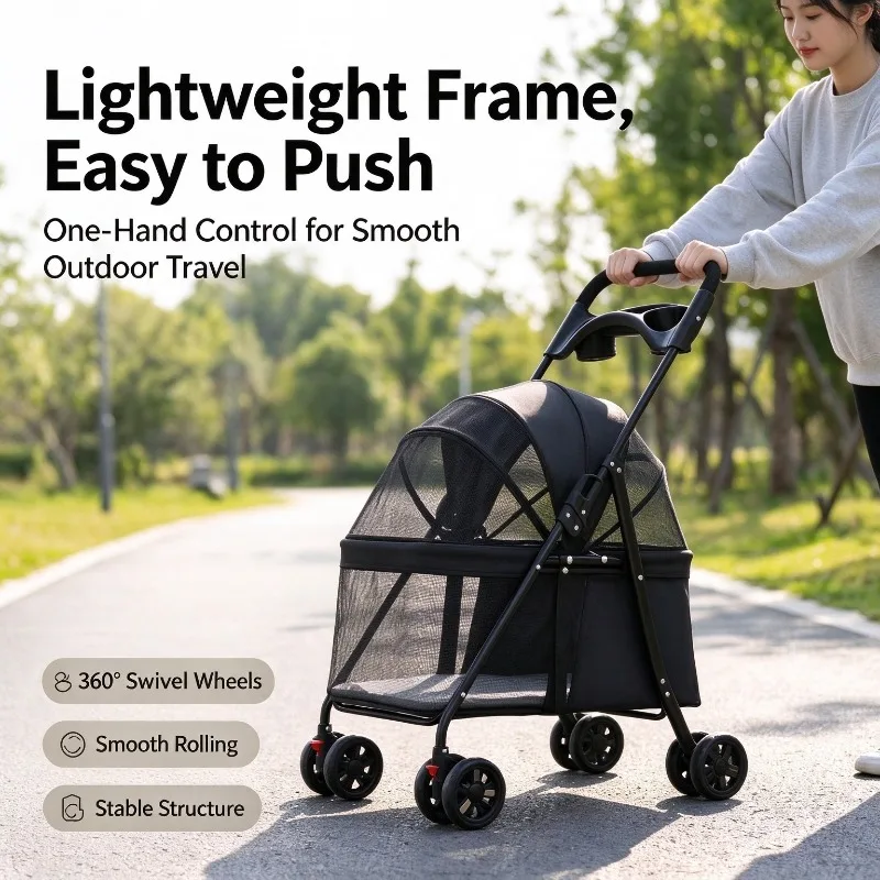 Portable Folding Pet Stroller for Small Medium Dogs Cats Inner Safety Lock Breathable Mesh Dog Cat Travel Push Carrier