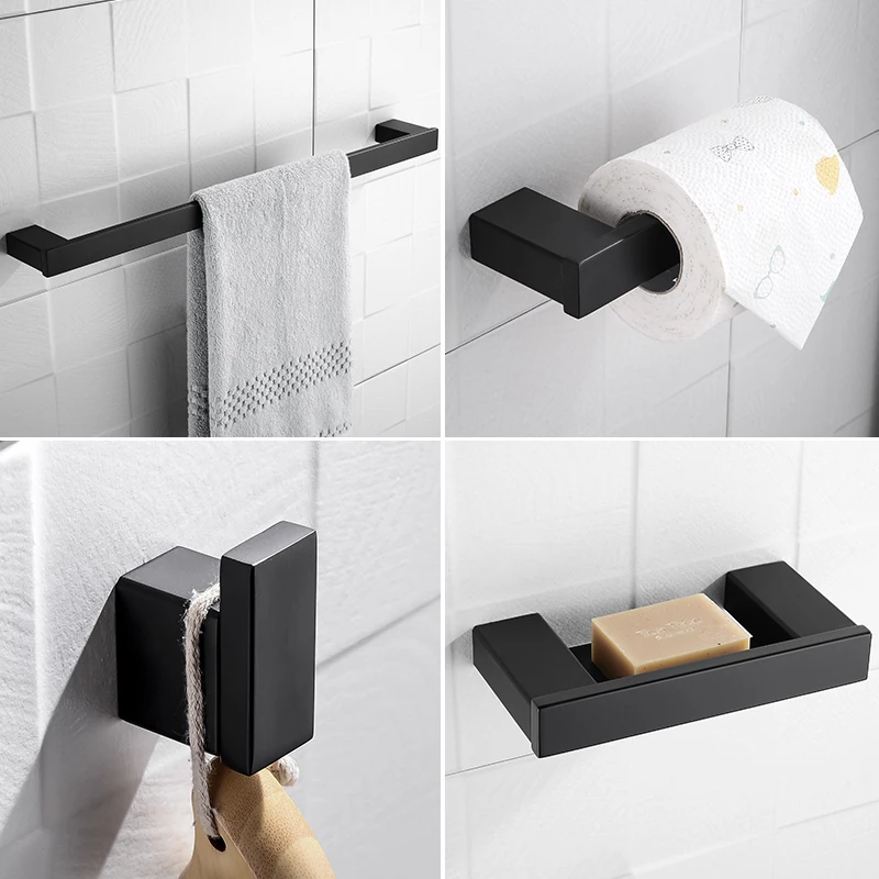 Matte Black Bathroom Hardware 304 Stainless Steel Single Towel Bar Metal Soap Dish Paper Holder Robe Hook