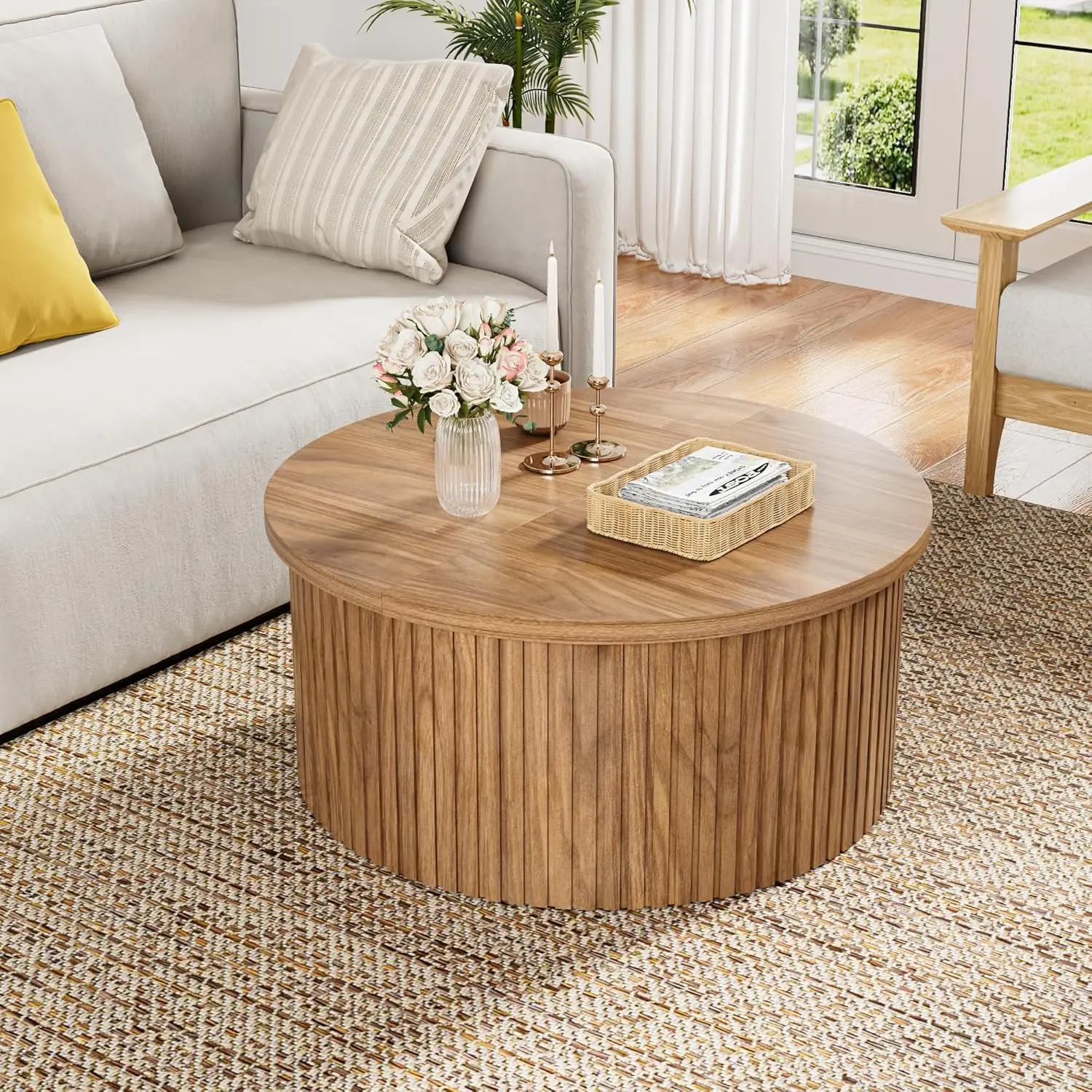 숨겨진 수납 공간이 있는 라운드 리프트 탑 커피 테이블, 거실용 31.6인치 모던 커피 테이블, 원형 목재 플루티드