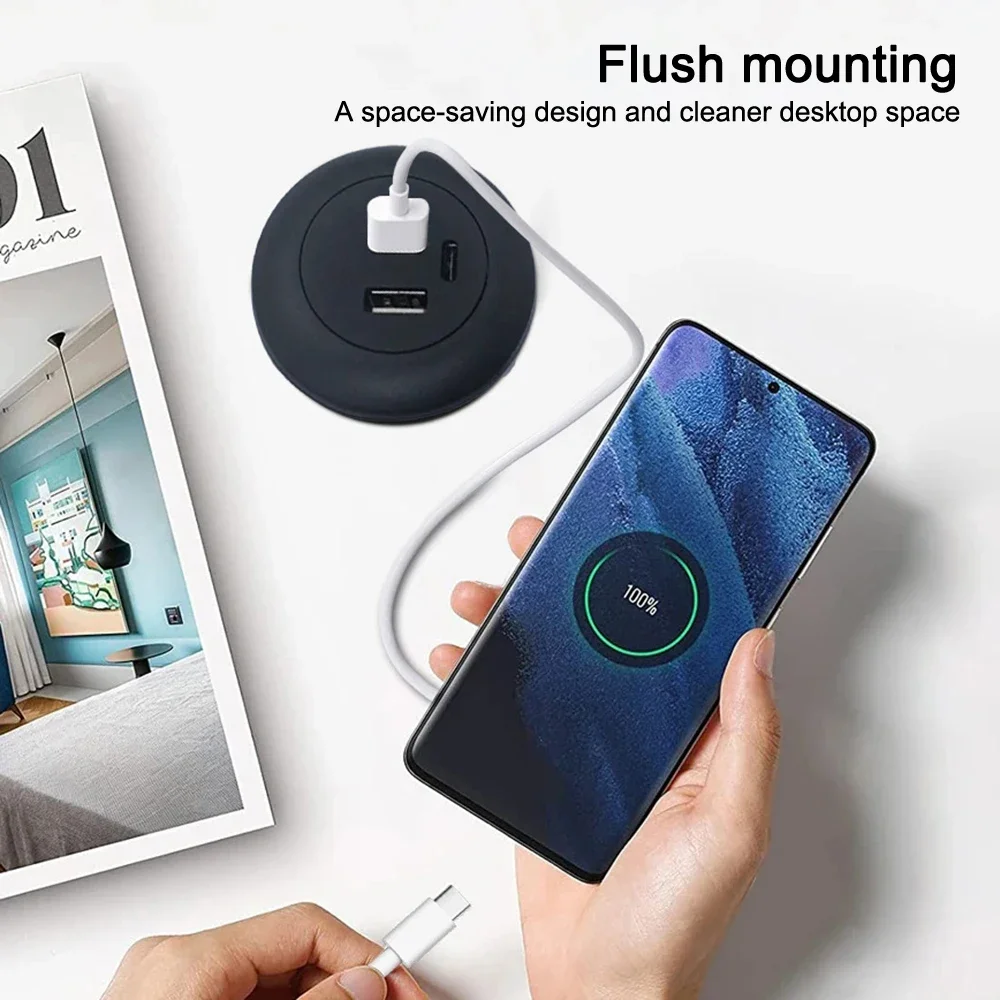 Desktop Loch Embedded USB Hub Typ-C USB Ladegerät 3 In 1 Splitter Für Laptop PC Handy Lade möbel Büro Steckdose