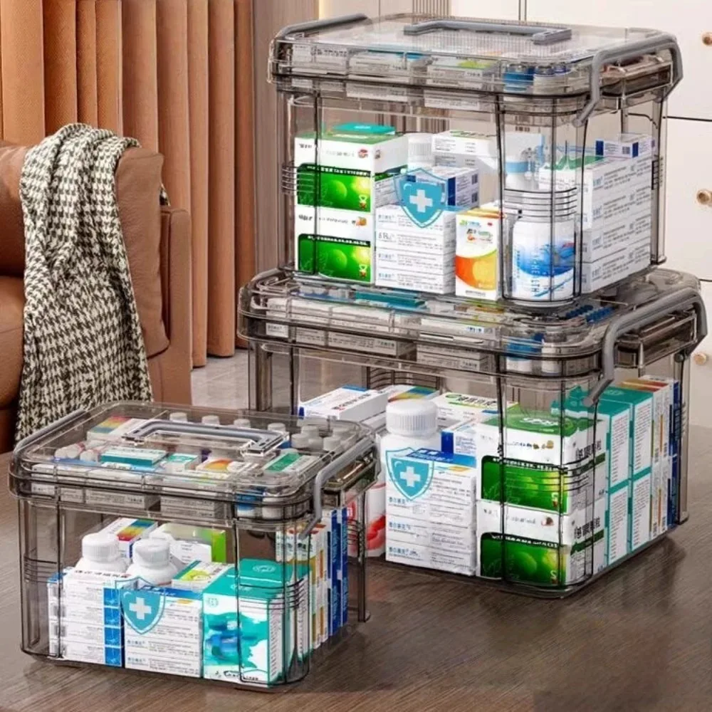 Durchsichtige Medikamenten-Organizer-Aufbewahrungsbox mit Tablett, leere Erste-Hilfe-Box aus Kunststoff, verdickte Medikamentenbehältertruhe