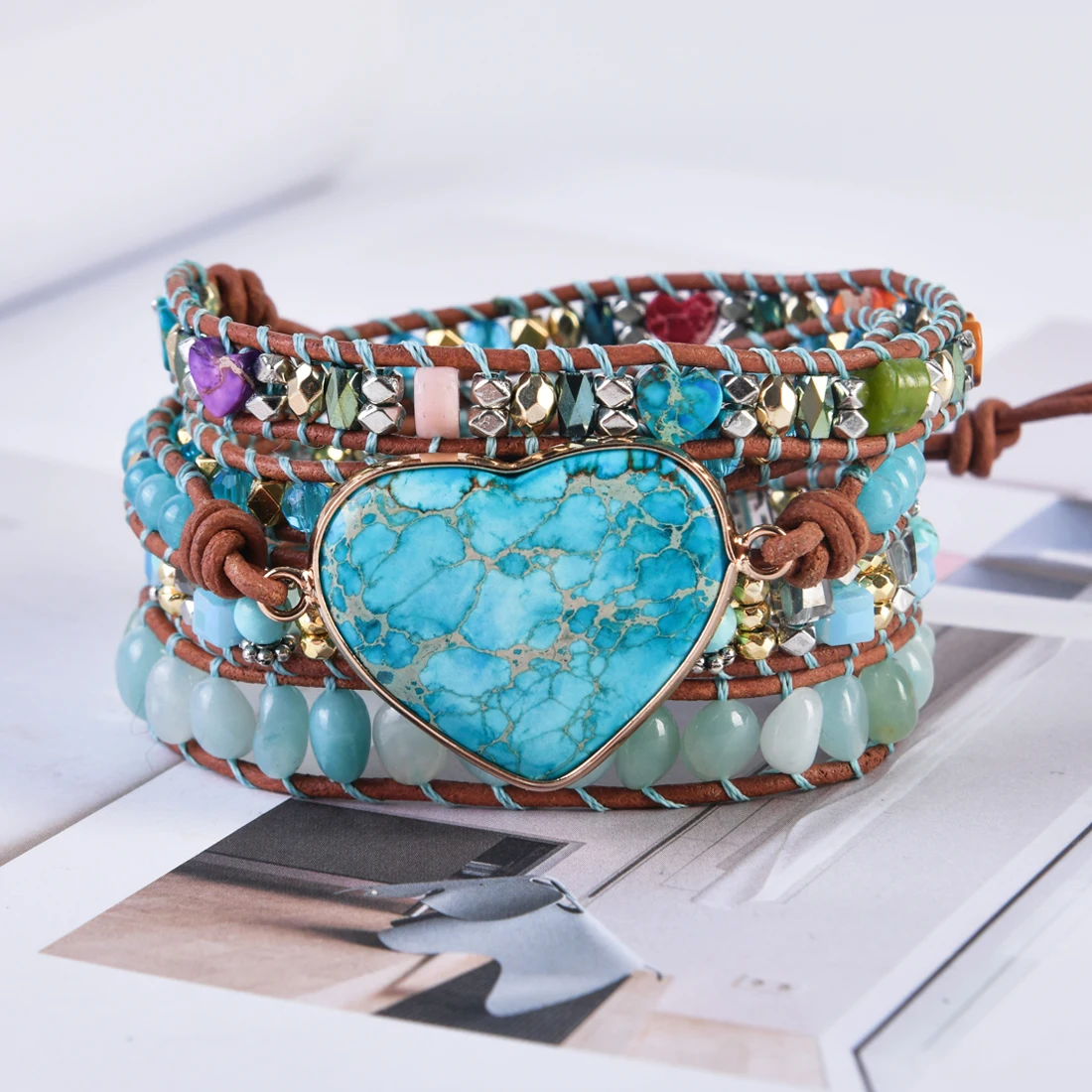 Premium Classic Heart Shape Leather Wrap Bracelets W/ Mix Stone Jaspers Beads Strand Bracelet Classic Jewelry Bijoux Dropship