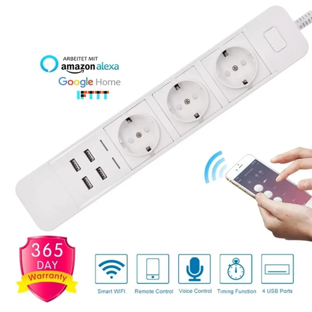 สมาร์ท Wifi Power Strip 3 EU ปลั๊ก4 USB ชาร์จพอร์ตจับเวลาเสียง App Control ทำงานร่วมกับ Alexa google Home Assistant