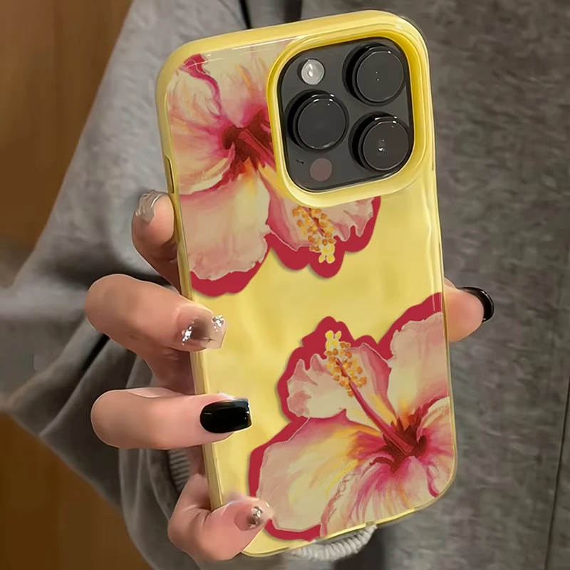 Funda de teléfono de silicona con textura de pliegues de flor de hibisco rosa elegante para iPhone 16 Pro Max 15 14 13 12 11 16 15 Plus Funda suave