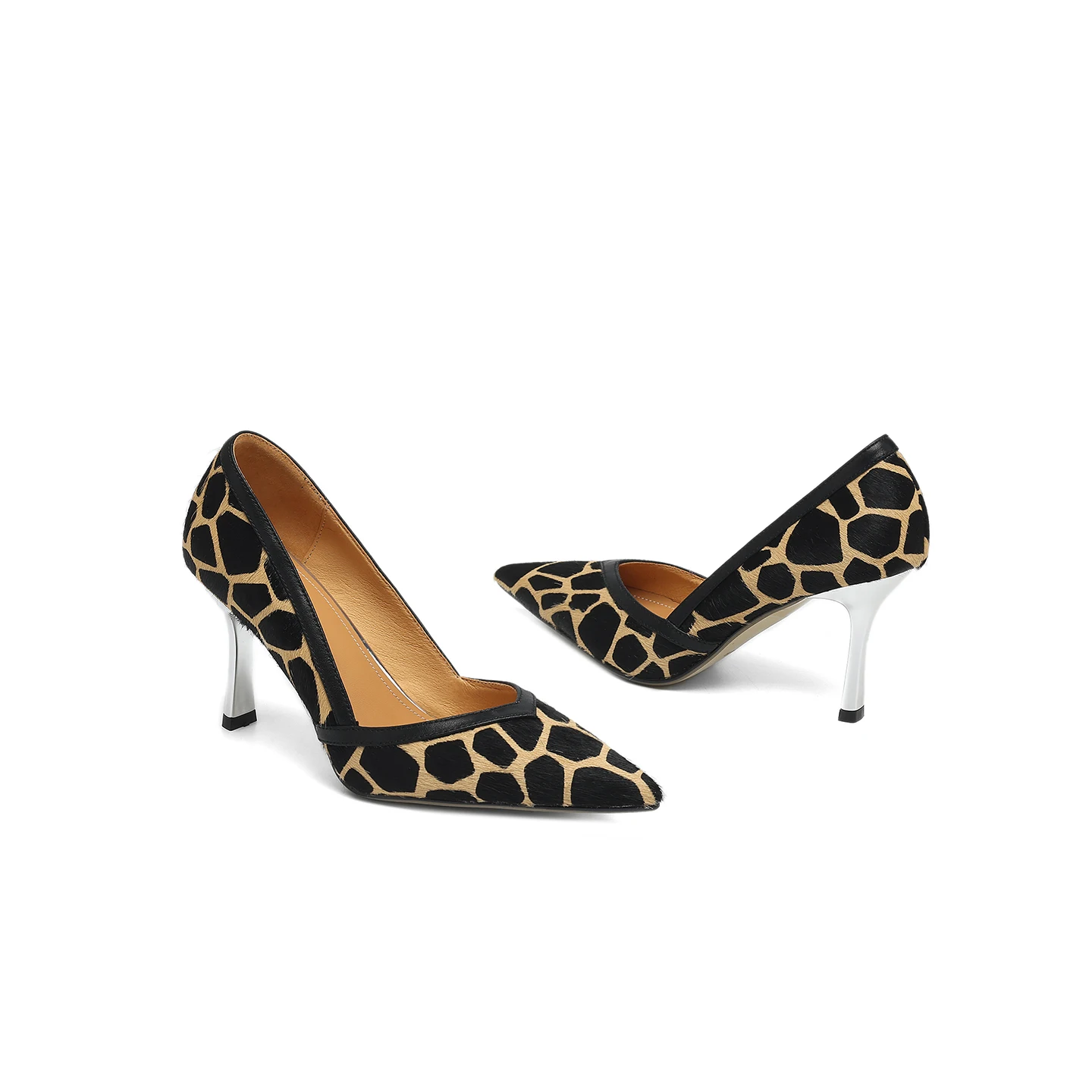 Genuine Leather Women Pumps Horsehair Shoes for Women Pointed Toe Thin Heel Shoes  Slip-on Shallow Leopard Stiletto Heels