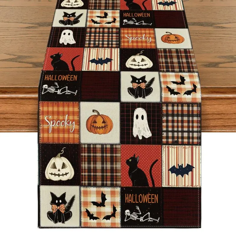 VIKAMA Halloween Table Runner Patchwork Quilt Black Cat Ghost Pumpkin Bat Skeleton Dining Table Home Farmhouse Party Decor
