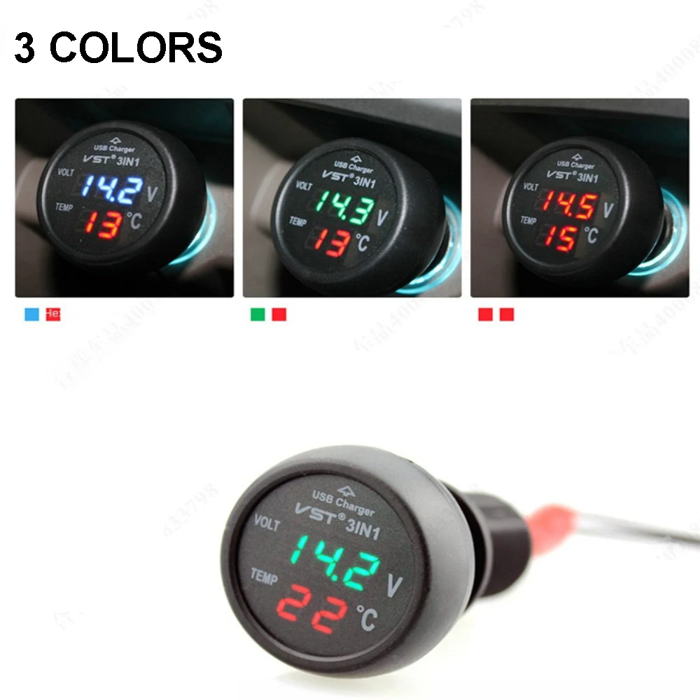 

Universal Digital LCD Meter Monitor 12V/24V Dual Display USB Car Charger 3 in 1 Voltage/ Temp Meter