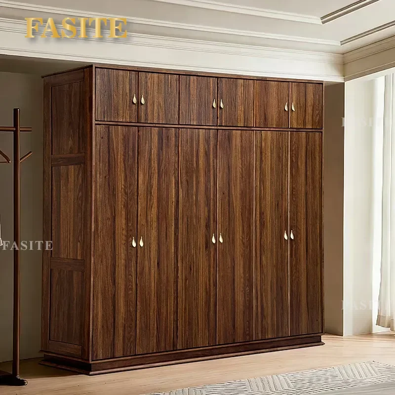 For New Chinese Style Ebony Solid Wood Wardrobe 5 6 Door Master Bedroom Multi Partition Clothing Storage Overall Cabinet