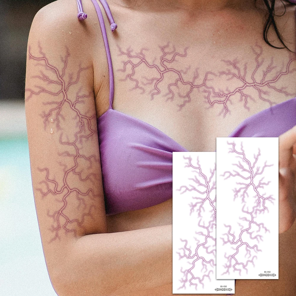 2 Sheets Large Purple Lightning Bolt Temporary Tattoo Stickers - Waterproof Realistic Fake Tattoos Vein Designs, Waterproof Body