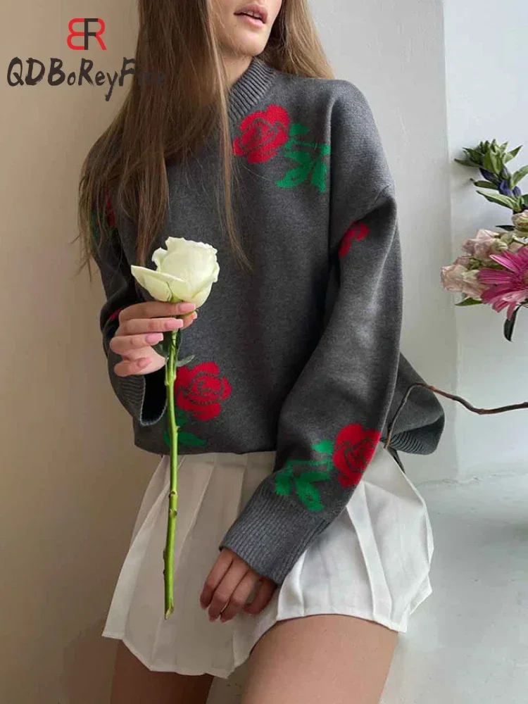 Autumn Winter Oversized Sweater Women Flower Printed Casual Long Sleeve Tops Chic Jumper Thick Warm Knitted Pullovers for Women