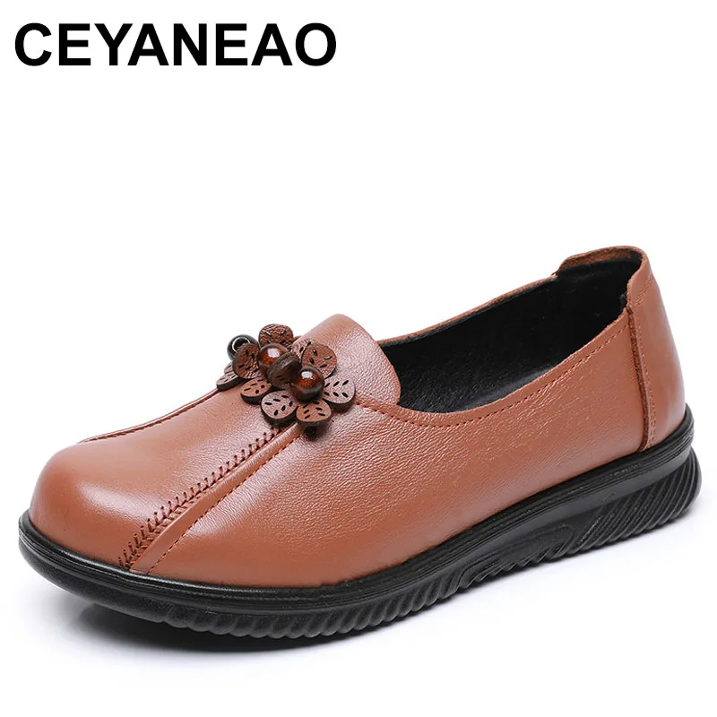 

Genuine Leather Women Flat Shoes With On Casual Ballet Flats Female Comfortable Wedge Shoes Retro Mom Single Shoes