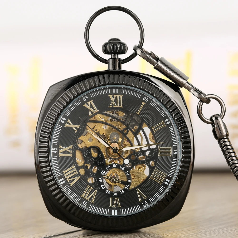 Antique Black/Silver/Gold Mechanical Pocket Watch Unique Square 30cm Snake Chain Hand Winding Pocket Watches Pendant Clock Gifts