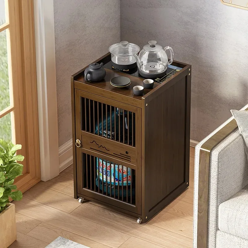 

Portable Tea Cart with Integrated Tea Table Water Boiler and Storage for Living Room Use