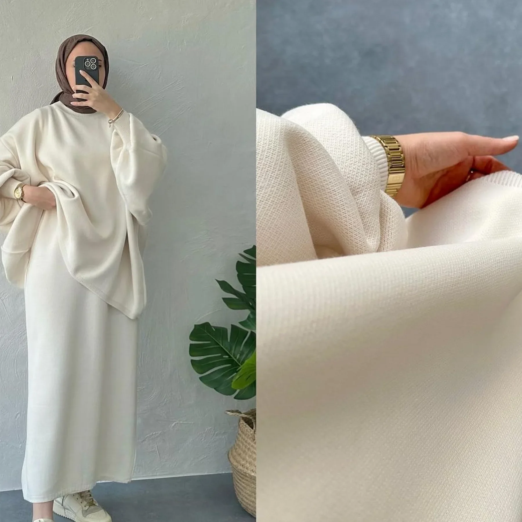

Winter Muslim Women Abaya 2 Piece Sets Outfit Casual Thicken Knitted Loose Sweater Top and Skirt Set Dubai Luxury Islam Clothes