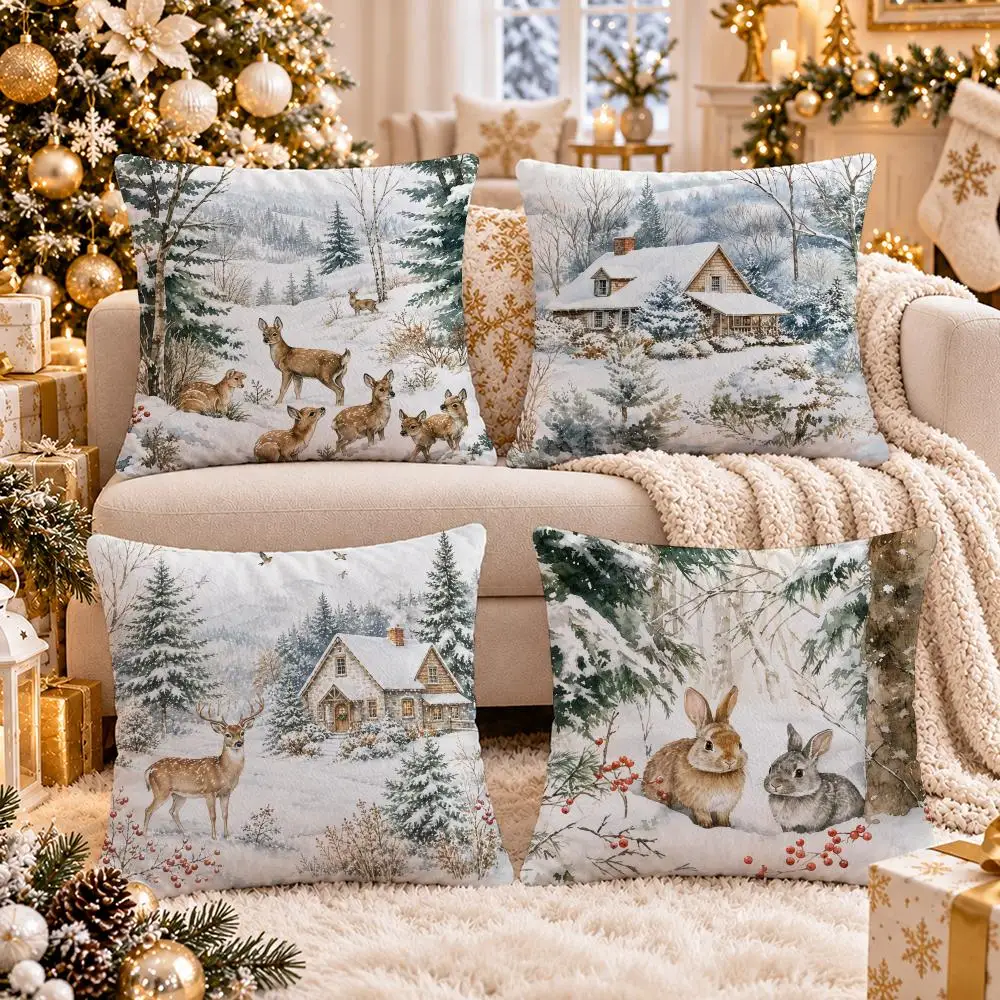 Christmas Snowy Rabbits Cushion Cover Short Plush Double-Sided Print Festival Pillow Case for Living Room Sofa Home Decor