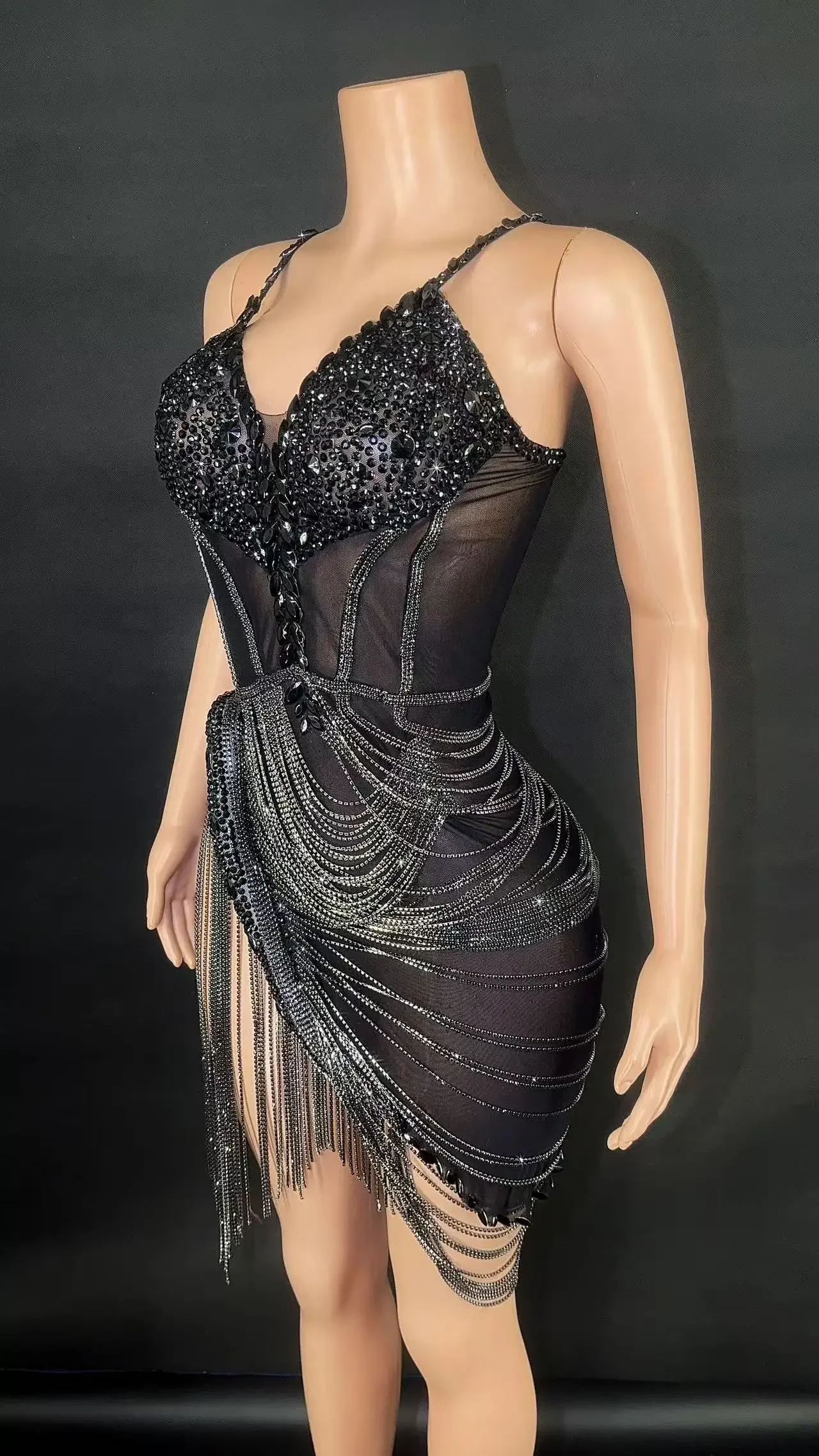 Black Diamond Crystal Sexy Mesh Perspective Tight Mini Dress Evening dress for birthday party
