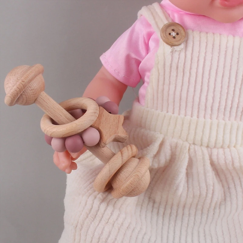 Anneau dentition en hêtre pour bébé, tige molaire, clochette, hochet pour bébé, morsure gratuite, gymnastique pour