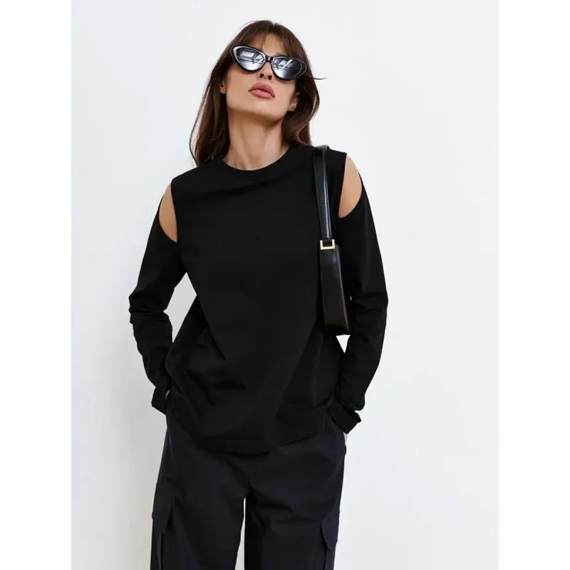 

Design Sense off-Shoulder and Black Long-Sleeved T-shirt 2024 Spring and Summer New Niche Hollow Knitted round Neck Bottoming Sh