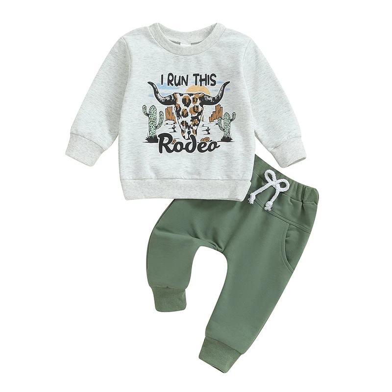 

Western Baby Boy Clothes I Run This Rodeo Long Sleeve Active Sweatshirt Toddler Sweatpants Set 2Pcs Fall Winter Outfit