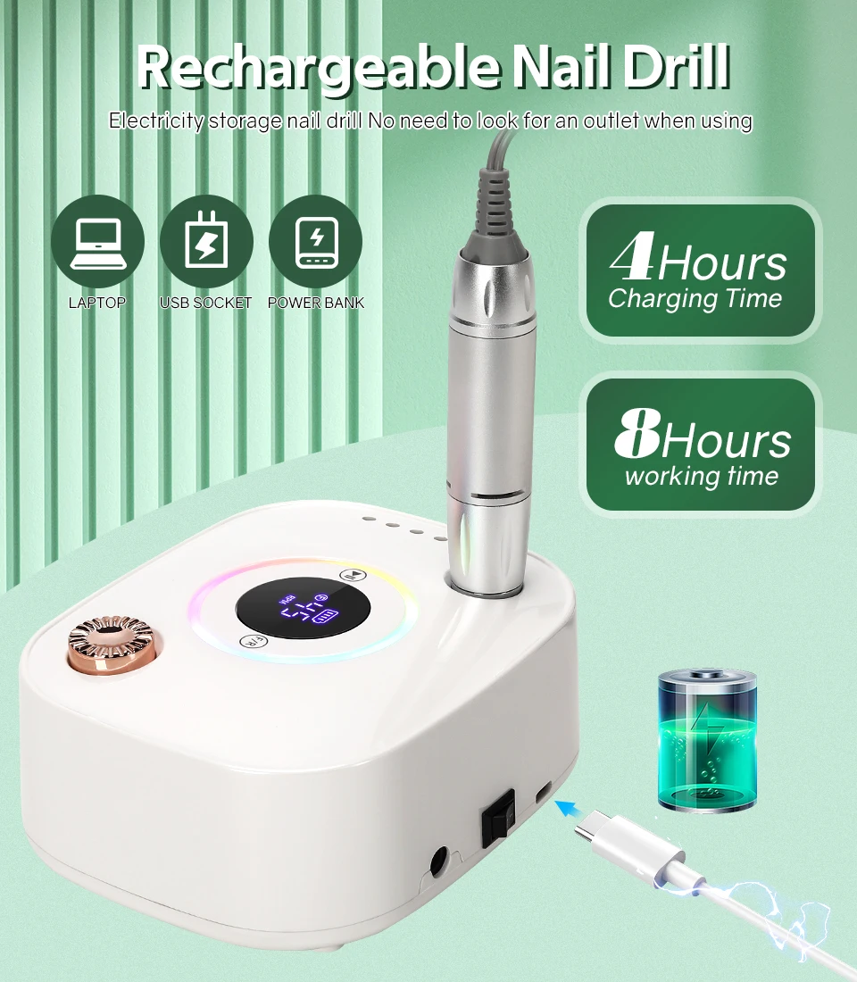 Zestaw frezarki do paznokci 45000 obr./min z wyświetlaczem LED, cicha elektryczna frezarka do manicure, akcesoria i narzędzia do paznokci.