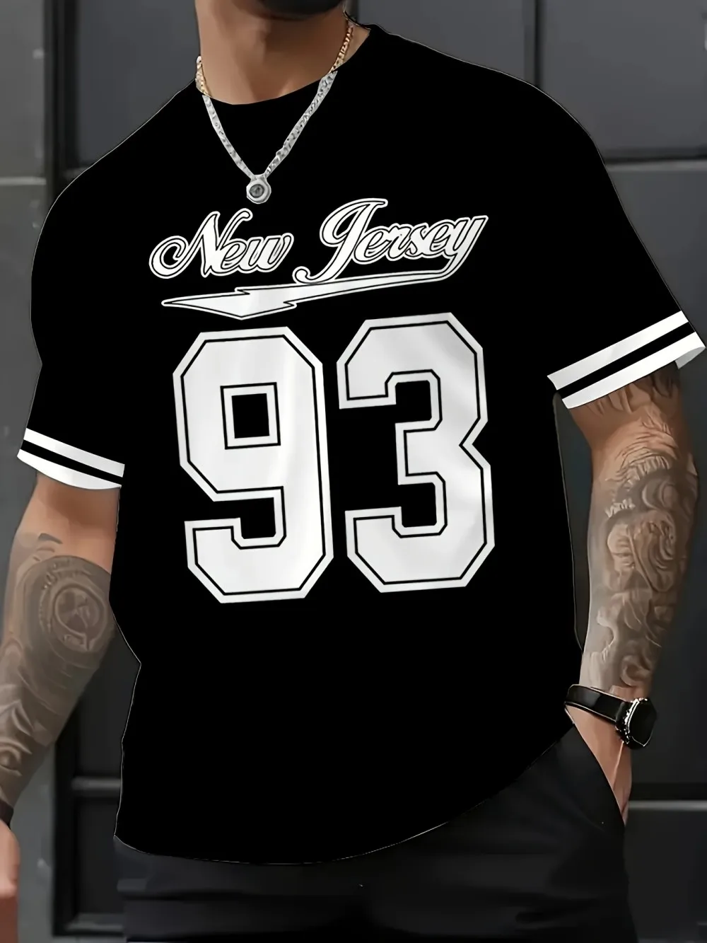 Nova Jersey 93 Padrão Impresso Masculino Casual Confortável Gola Redonda Camiseta Poliéster Misturado à Máquina Lavável Top de Verão