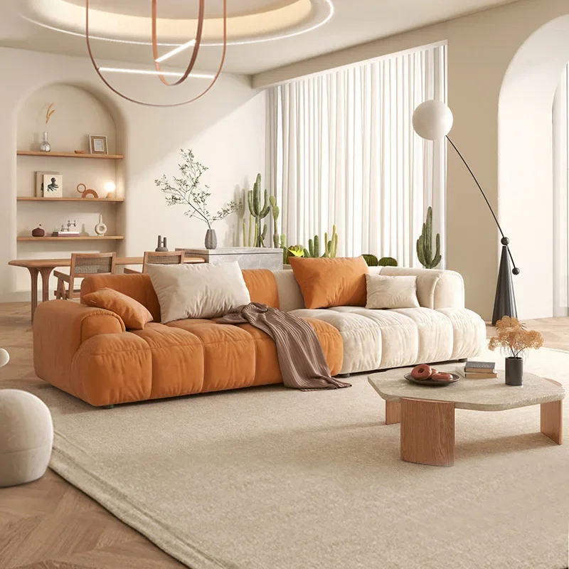 

--Минималистичный большой простой деревянный и бархатный кремовый модуль WindTofu, диван для гостиной