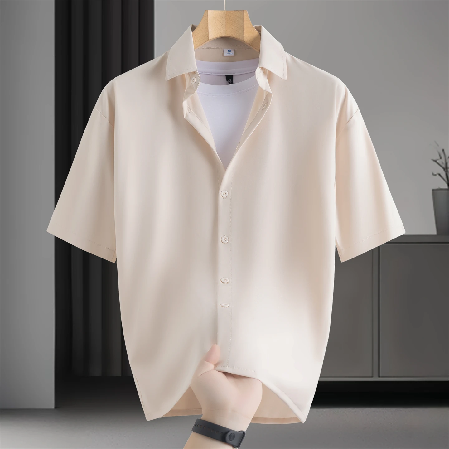 No Ironing Business Casual Shirt Men's Summer Ice Silk Short-Sleeved Drapey High-End Loose Casual Solid Color Shirts for Men