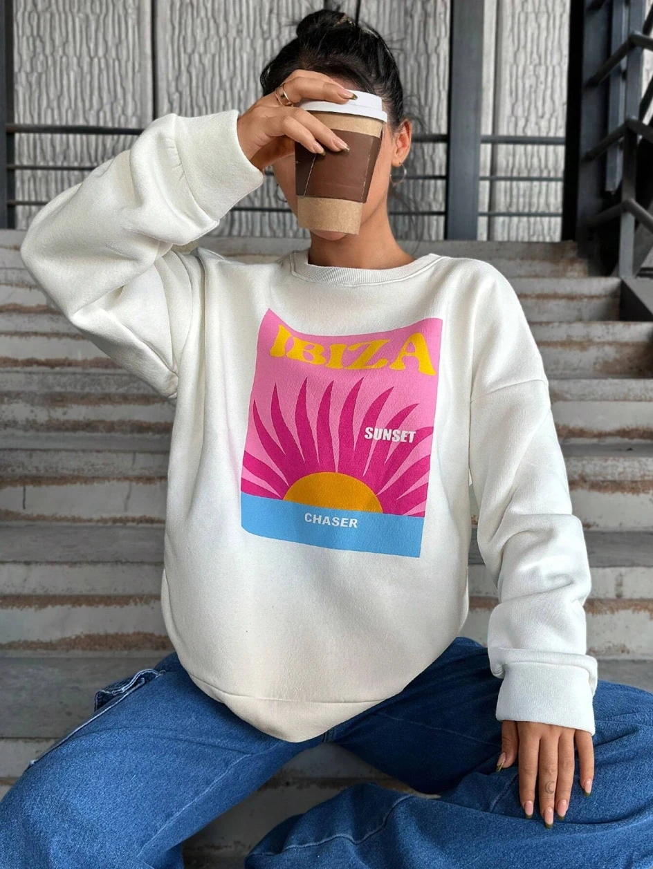 

Street Womens Hoodie Sunset Funny Cartoons Printing Sweatshirt Soft Breathable Loose Crewneck Pullovers Autumn Winter Streetwear