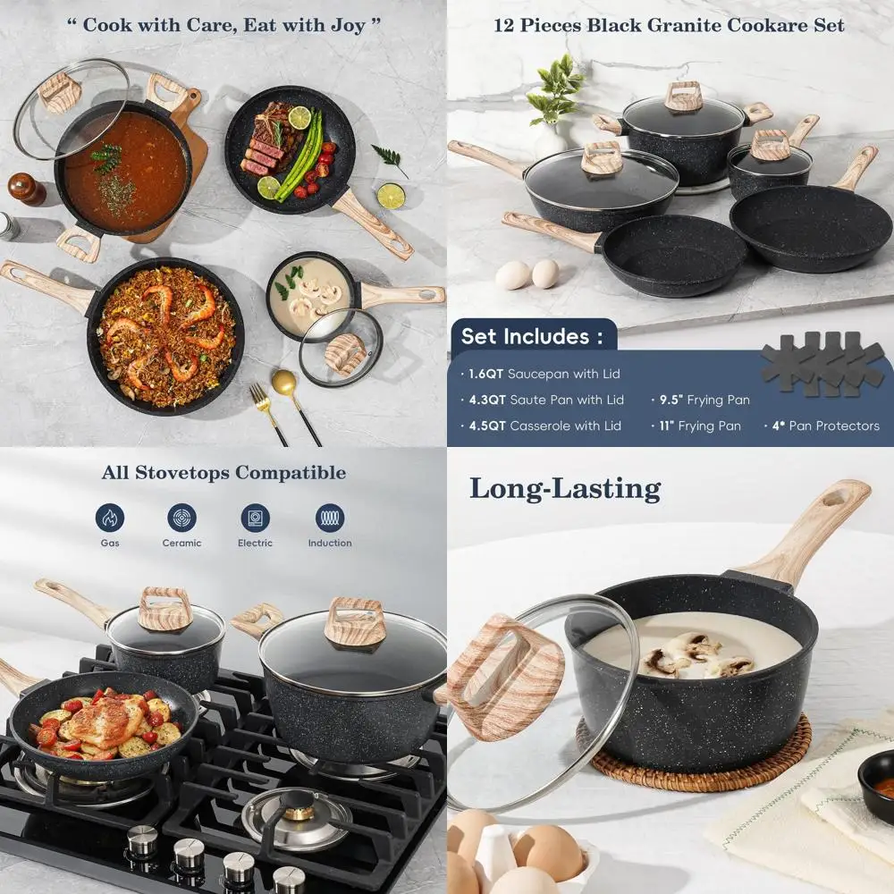 

12-Piece Non-Stick Cookware Set, Black Granite Induction-Ready, Healthy PFAS-Free Kitchenware with Frying Pans and Saucepans