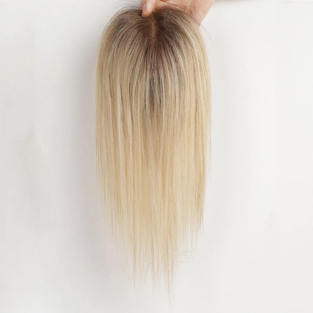 100% Remy Human Hair 12 Inch Brown Blonde Ombre Lace Hair Topper Middle Part Clip-in Hairpiece for Women's Breathable Wig Daily