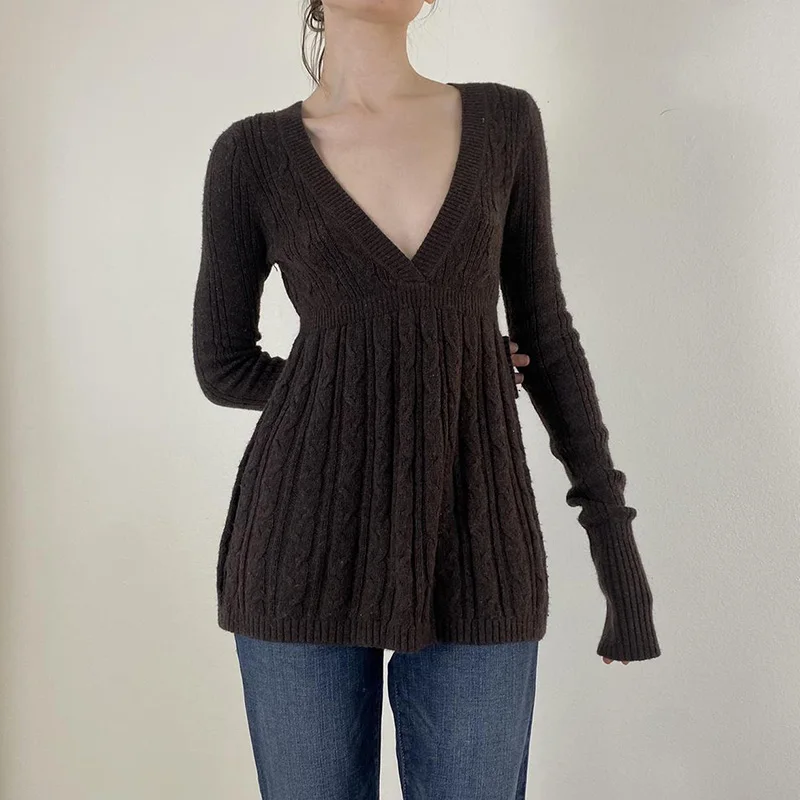 SUCHCUTE HarajukuSolid Basic Long Sleeve Sweater Women V-neck Vintage Y2K Casual Top Winter Fall Pullover Top Grunge Fairycore