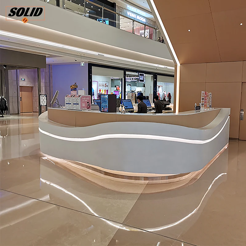 

Newstyle Commercial Modern Solid Surface Reception Table Shopping Mall Circularity Wood Front Reception Desk Counter