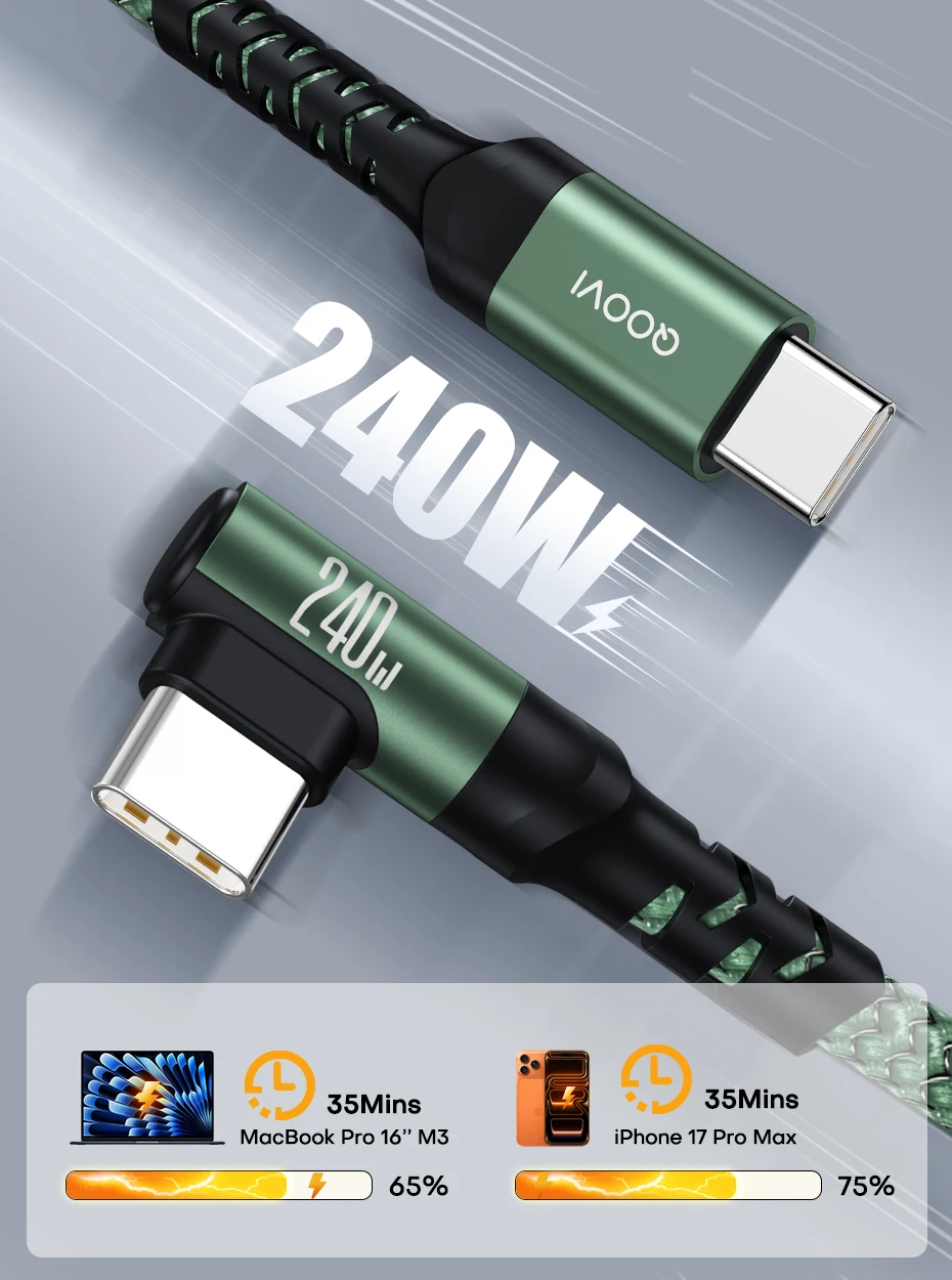 QOOVI PD240W Elbow Cable Ultra Fast Charging USB Type C Cable PD3.1 Quick Charge for Laptop Samsung Xiaomi iPhone 17 MacBook