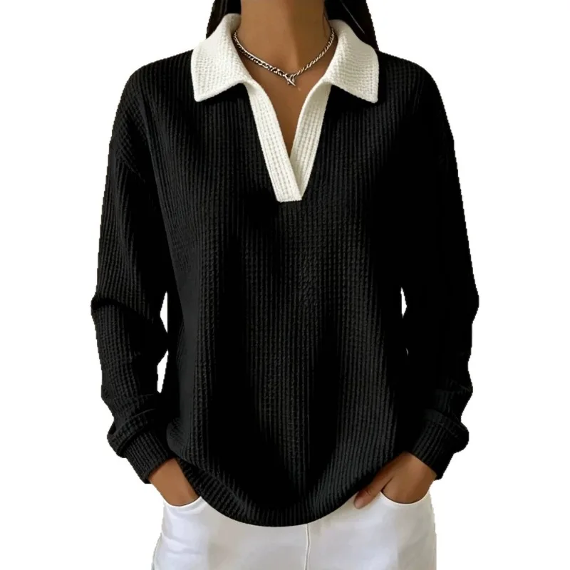 Women Color Block Waffle Knit Polo Top Long Sleeve V Neck Loose Drop Shoulder Commute Blouse