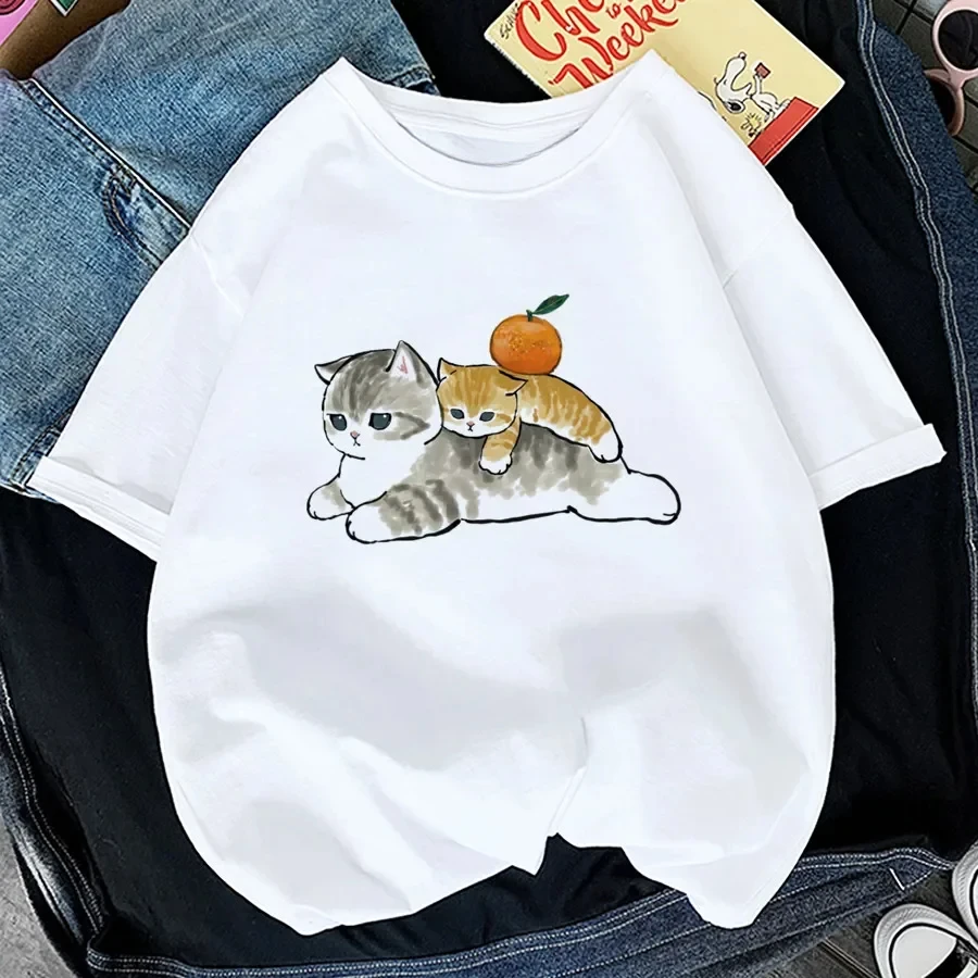 Tops Woman 2025 T Shirt Kawaii Cat Shark Print T-shirt Summer Korean Harajuku Fashion Short Sleeve Tee Funny Animal Graphic Tee