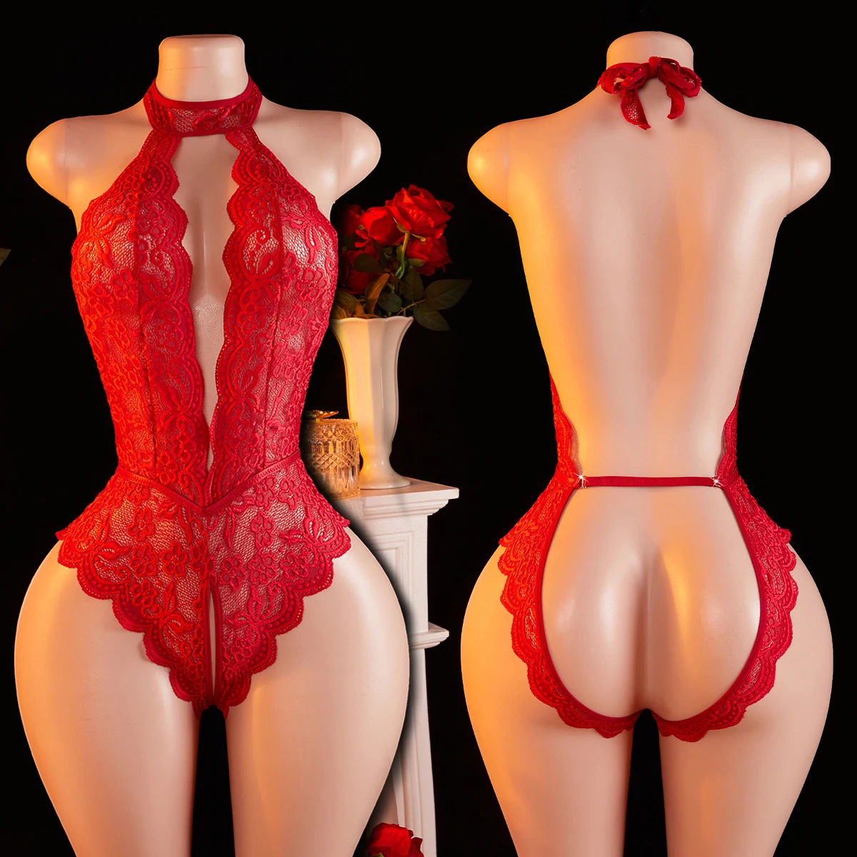 

Red Sexy Lace Bodysuits Crotchless Deep V Teddy Babydoll Sheer Female Lingerie Elegant & Seductive Erotic Lingerie For Women